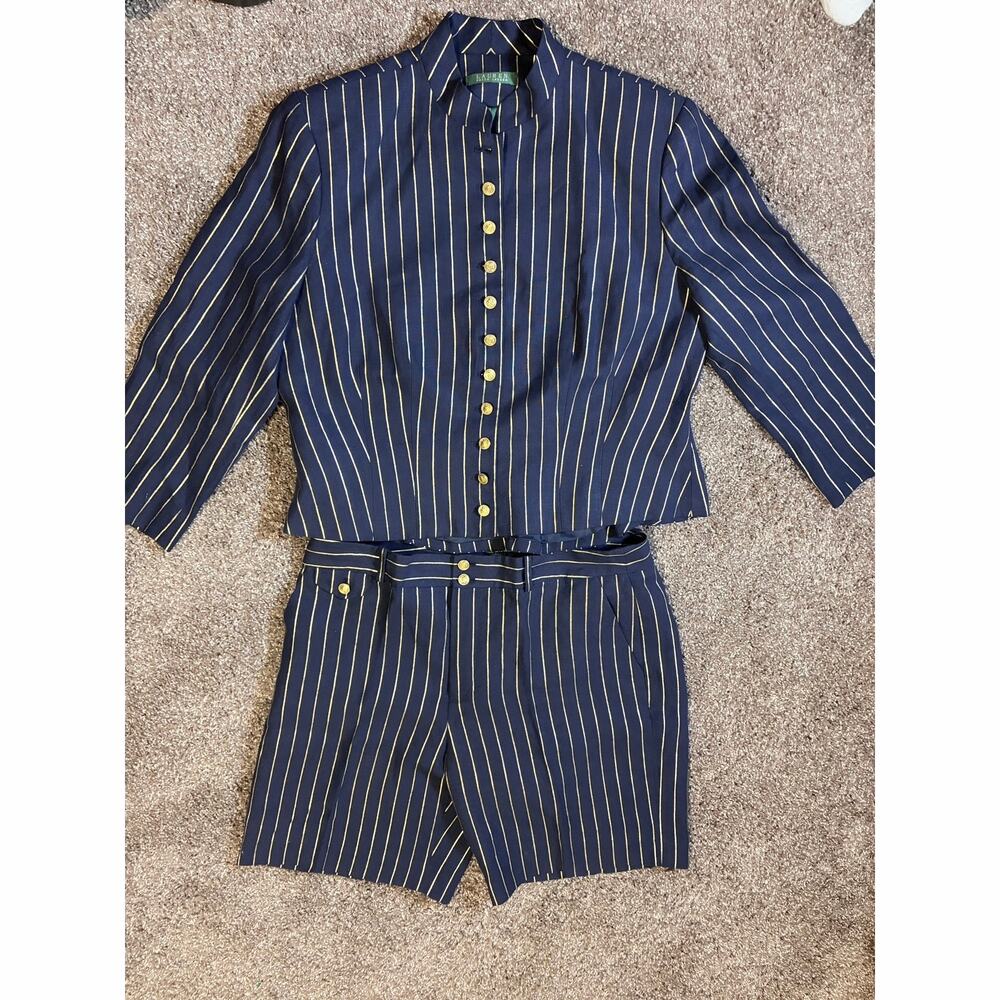 Lauren Ralph Lauren Vintage Navy Linen Pinstripe Shorts Blazer Suit Set